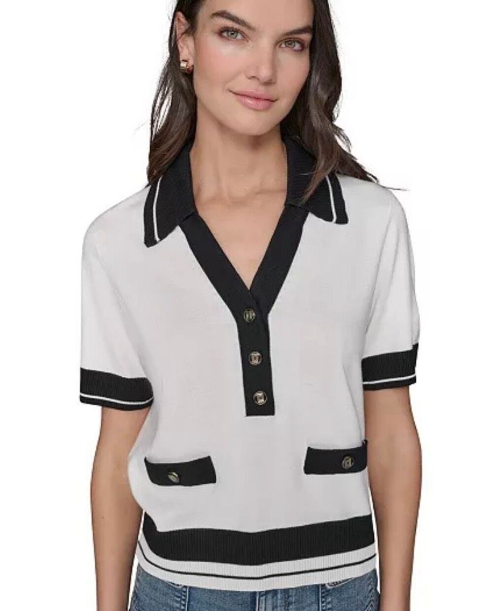 Karl Lagerfeld Paris short sleeved collared sweater in black and white contrast